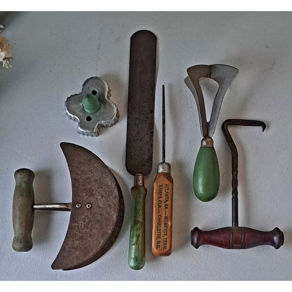 Antique Kitchen Utensils Green Painted Wood Handles Lot of 6